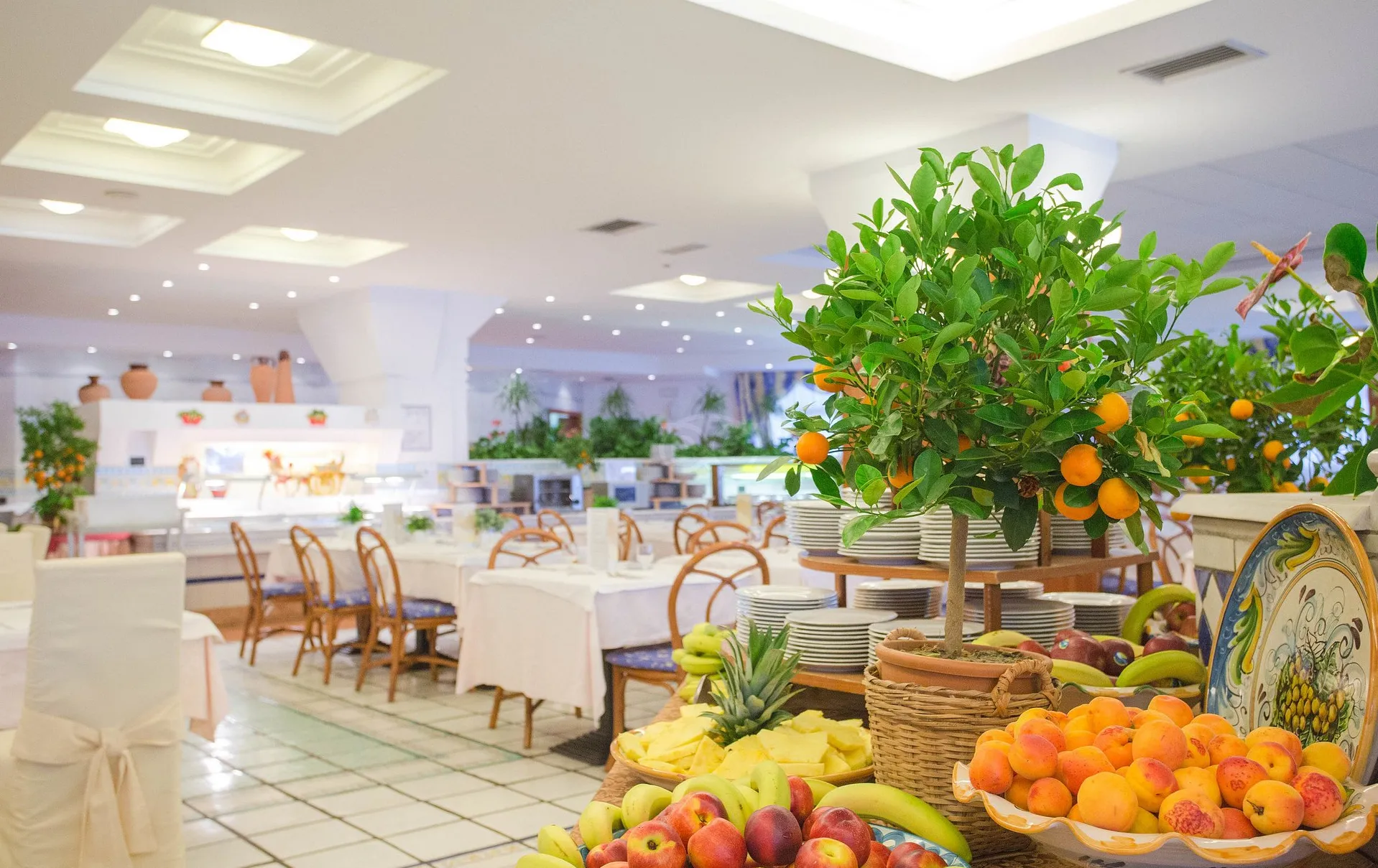 Sala ristorante interna con buffet di frutta fresca e agrumi