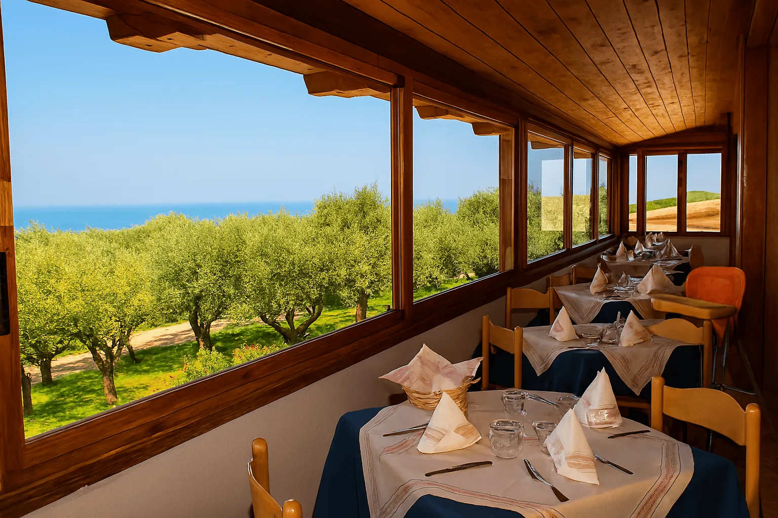 Sala ristorante con grandi vetrate affacciate su uliveto e mare