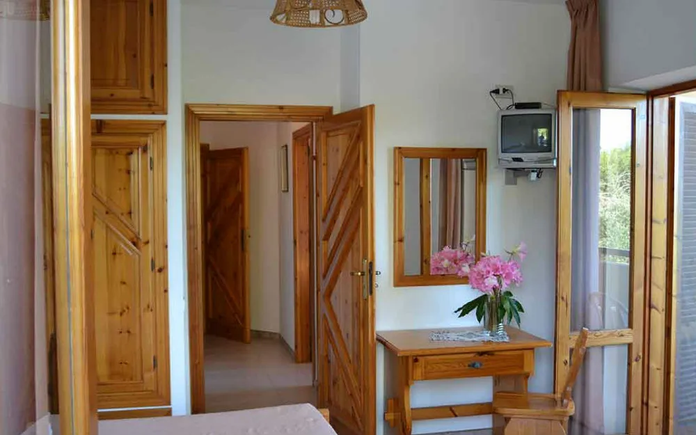 Interno di camera con mobili in legno, specchio, TV e fiori