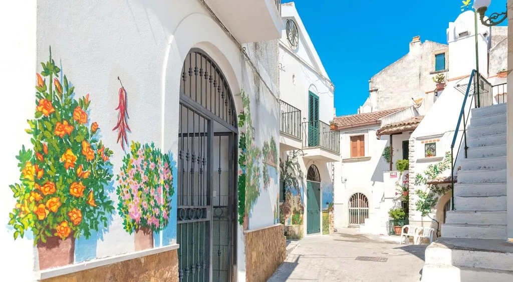 Vicolo del centro storico con murales floreali e case bianche