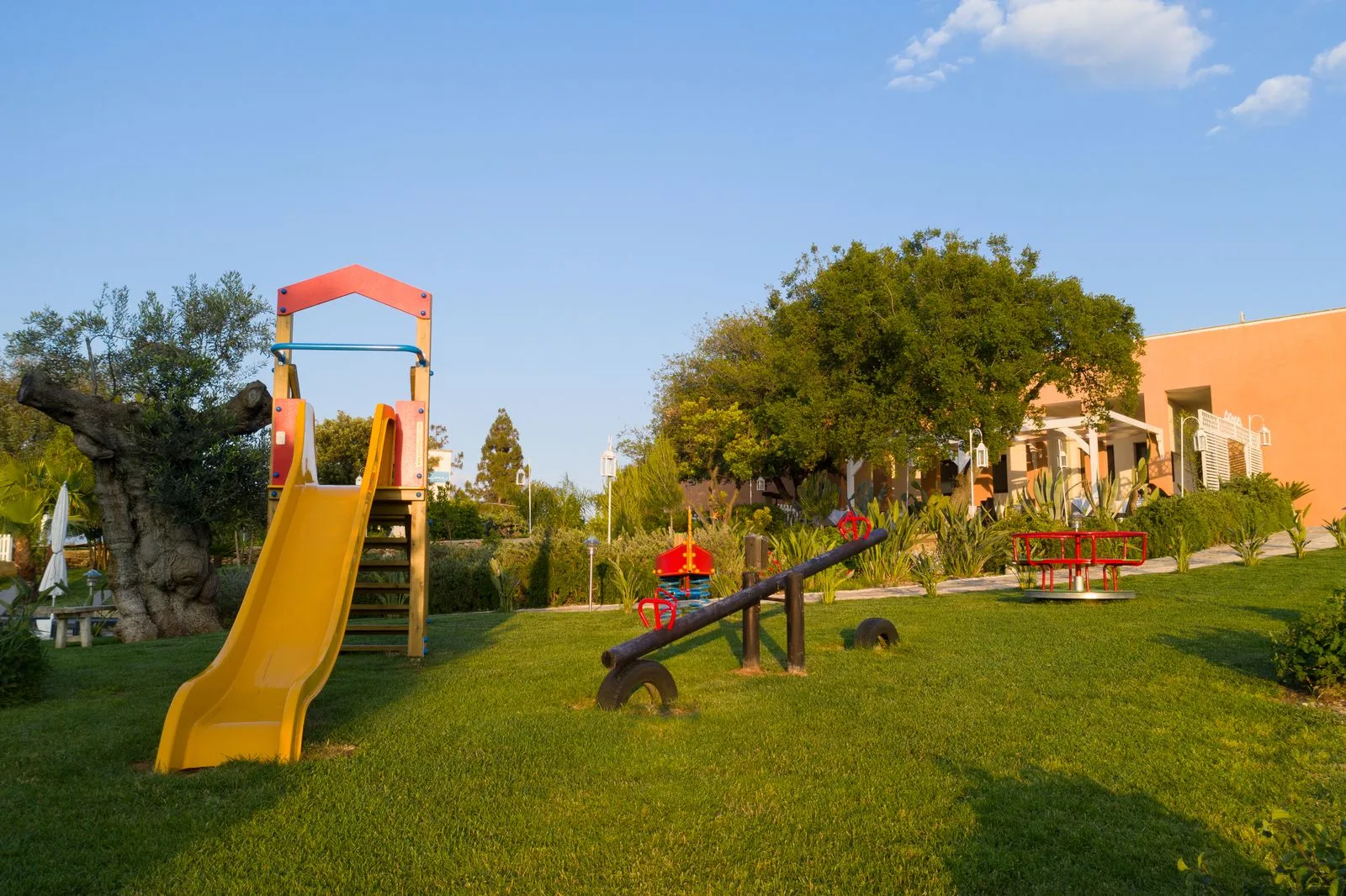 Area giochi per bambini nel giardino con scivolo, altalena e dondoli colorati