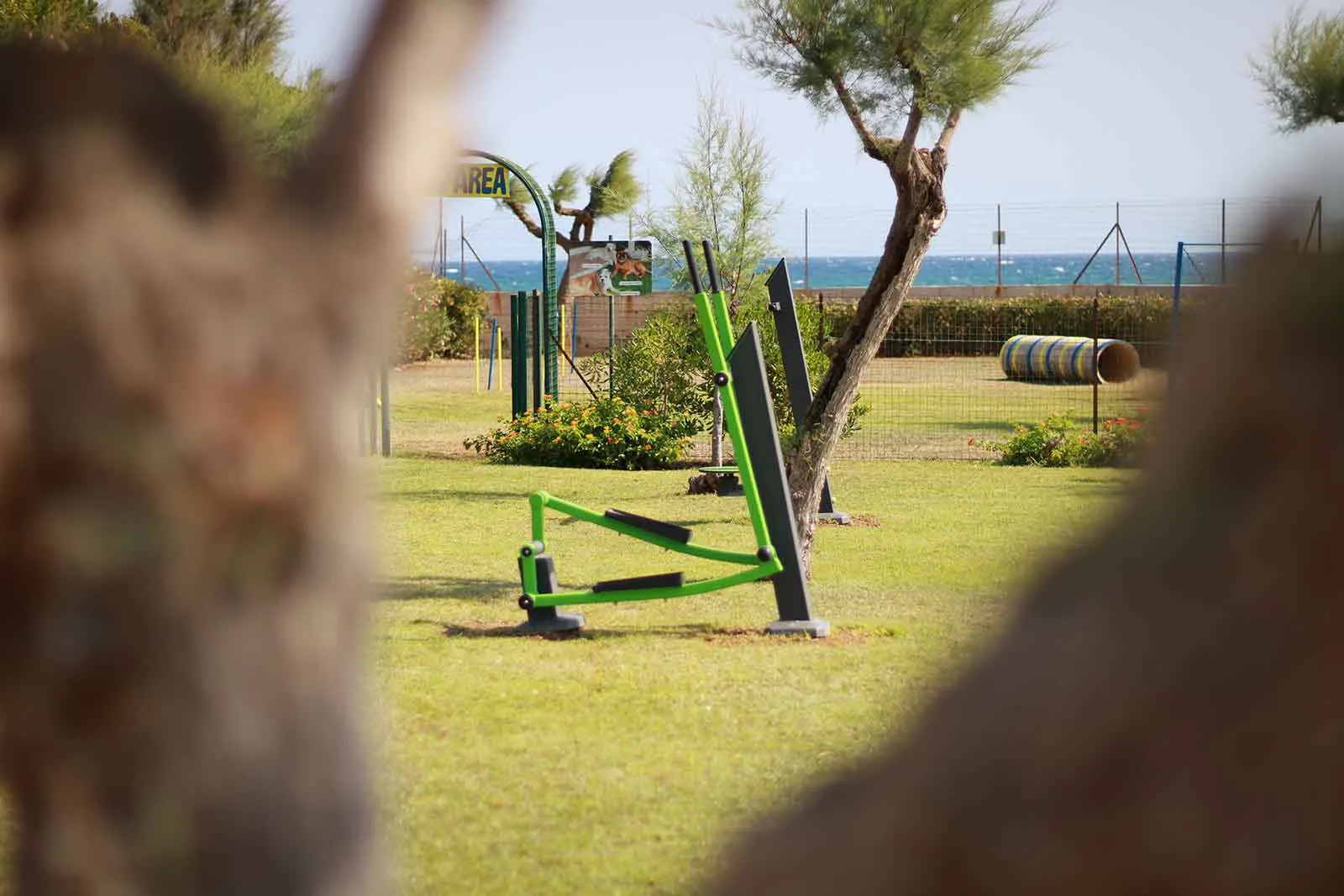 Area fitness all'aperto con attrezzi sportivi nel prato verde e mare sullo sfondo
