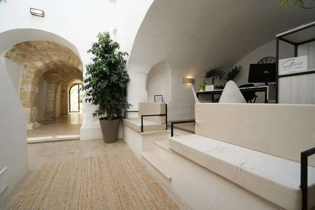 Hall con archi in pietra, scalini e pianta in vaso