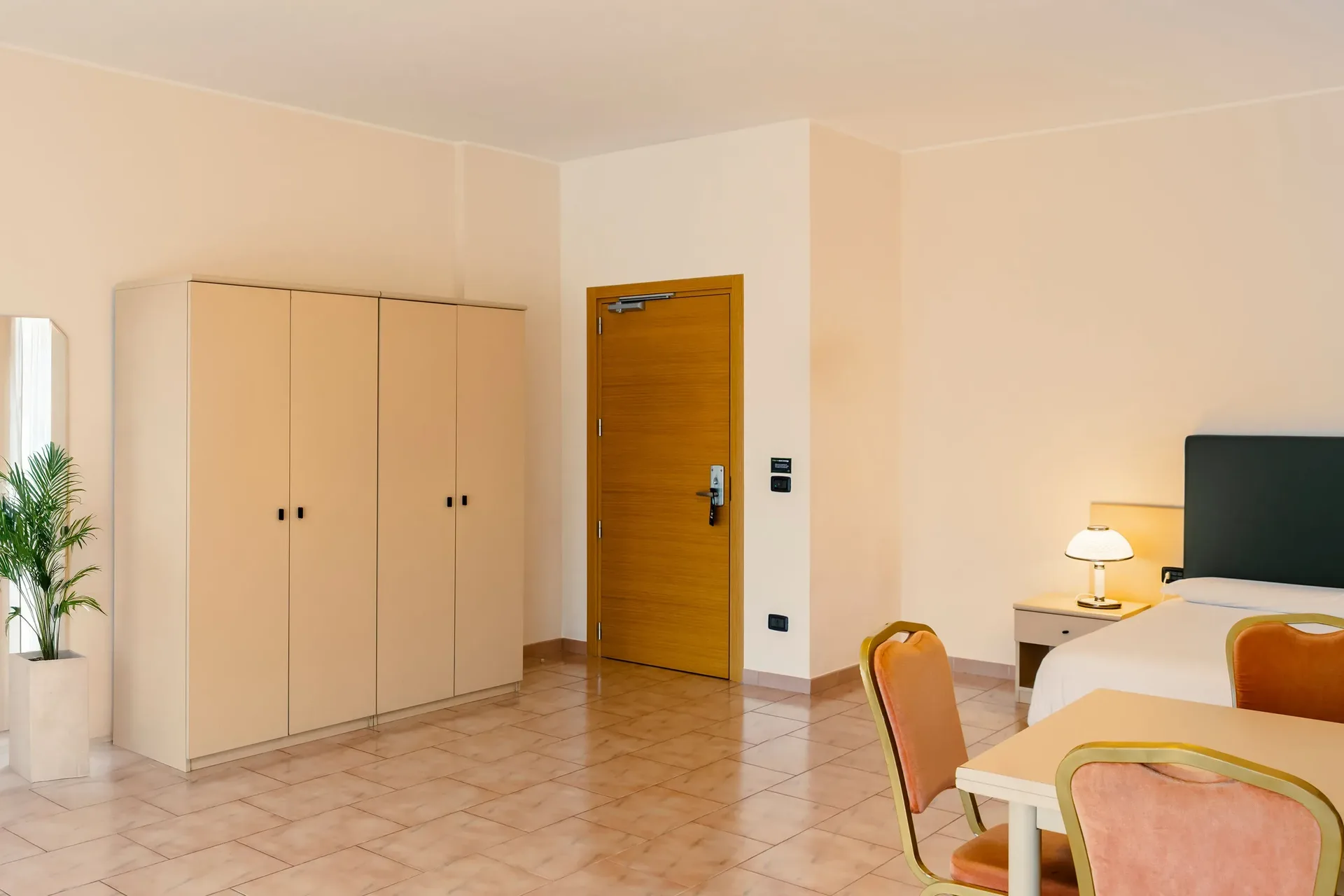 Camera spaziosa con armadio, scrivania e porta d'ingresso in legno