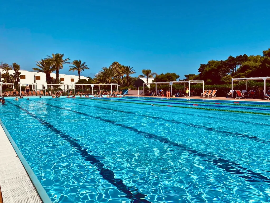 Piscina olimpionica con palme e bagnanti sotto cielo limpido