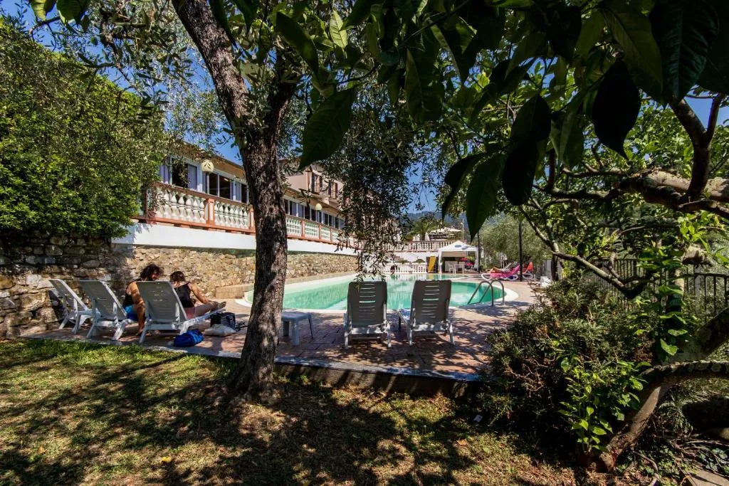 Giardino ombreggiato con lettini sotto gli alberi e piscina sullo sfondo