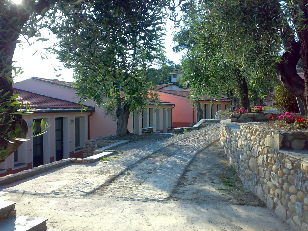 Vialetto in pietra tra edifici rosa con ulivi e muretti fioriti