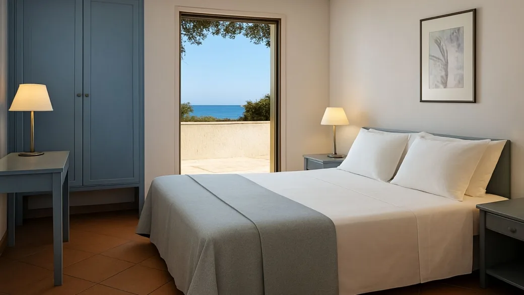 Camera matrimoniale luminosa con armadio azzurro e ampia finestra con vista sul mare