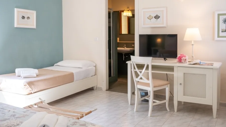 Camera luminosa con letto singolo, scrivania con TV, sedia e bagno visibile sullo sfondo.