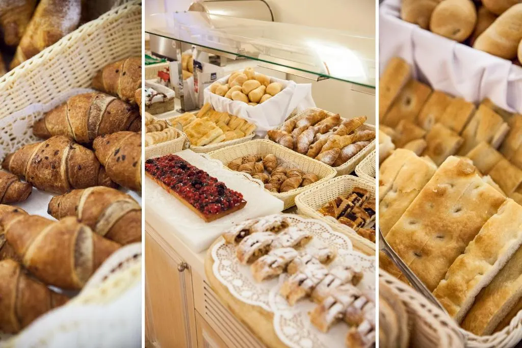 Dettaglio buffet con cornetti, crostata ai frutti di bosco e focaccia