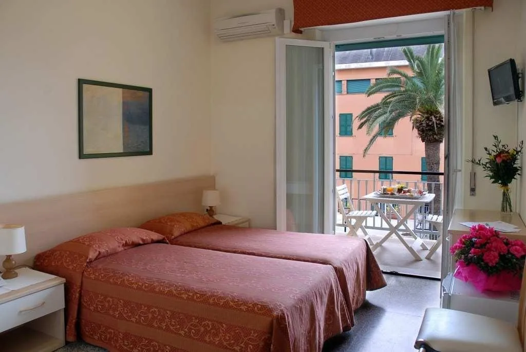 Camera doppia con letti, balcone affacciato sulla palma e aria condizionata