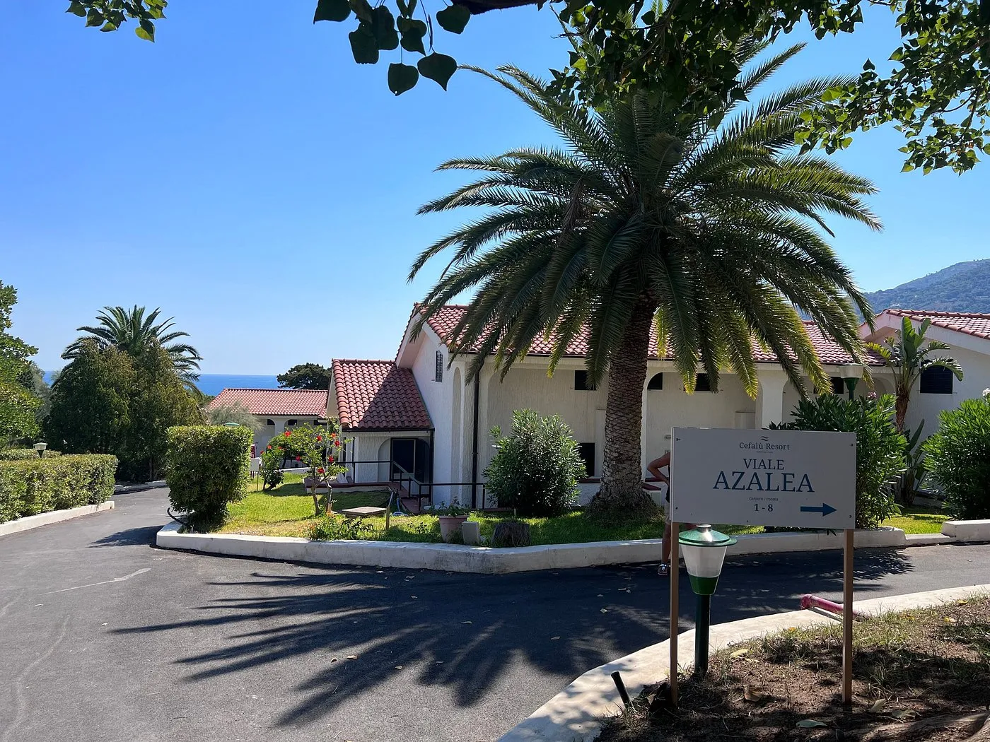 Ingresso al Viale Azalea del Cefalù Resort con palma e villette
