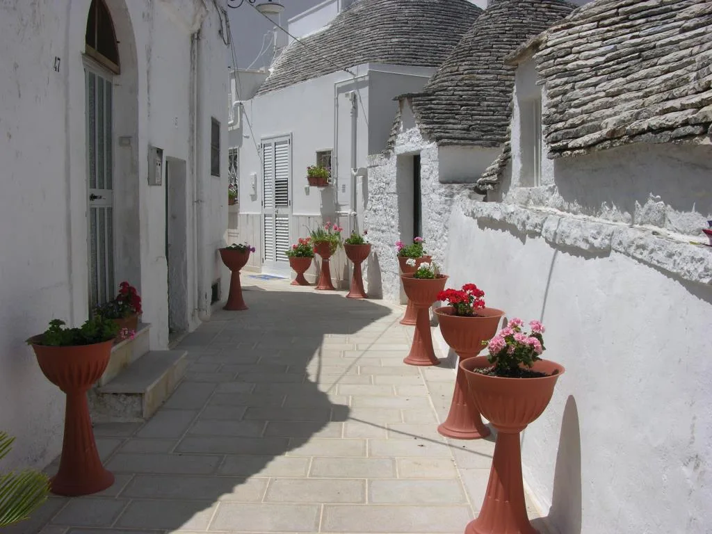 Vicolo di trulli con vasi in terracotta e fiori colorati lungo il selciato