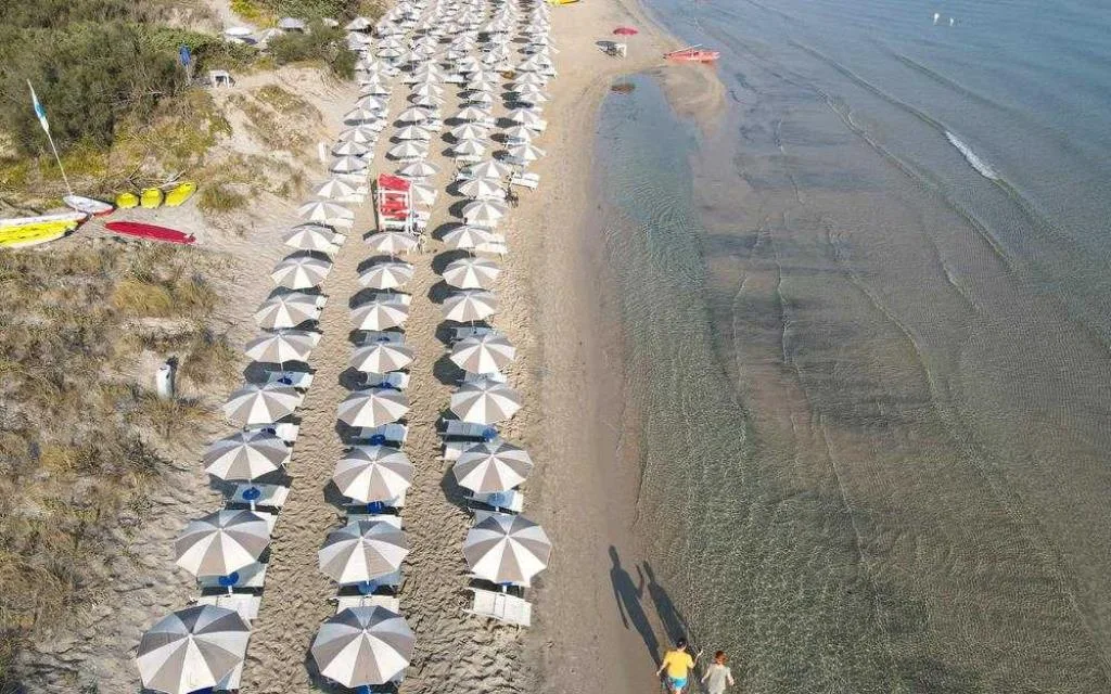 Vista aerea della spiaggia con file di ombrelloni e mare cristallino