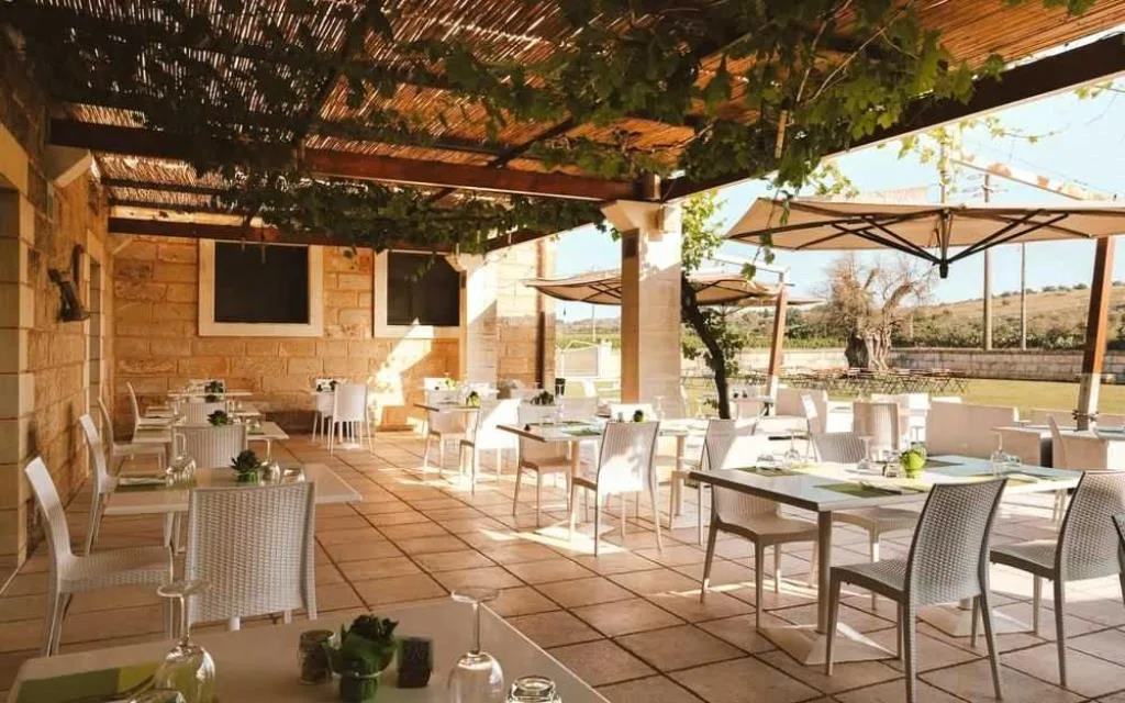 Terrazza ristorante sotto pergolato con tavoli apparecchiati e piante di vite
